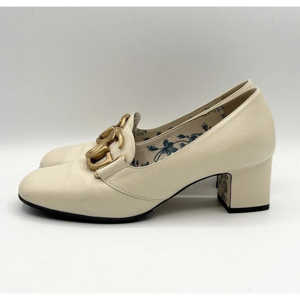 Gucci Victoire GG Block Heel Pumps White/Cream Leather Gold GG Buckle Sz EU 36 - Picture 4 of 14